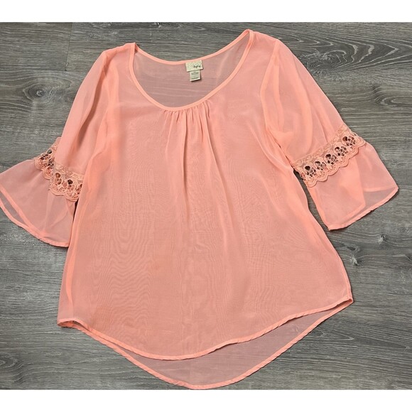 Daytrip Buckle Top Bell Sleeve Crochet Sheer Blouse Peach Large Romantic Peasant - Picture 1 of 5